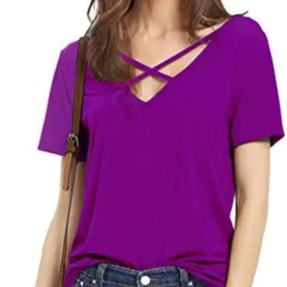 Haola Women's Summer Cross Front Tops Deep V Neck Casual Tees T Shirt